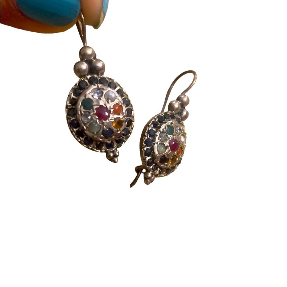 Silver Earrings | Turtle Shell Shape Colored Gem Pearls Blue Pink Green Orange